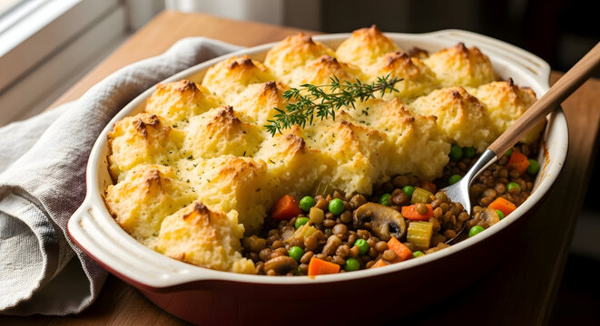 A casserole dish filled with shepherds pie on a wooden table with a spoon and a cloth napkin beside it