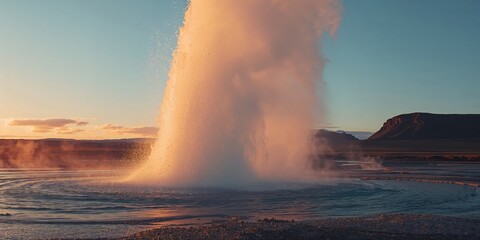 Sunrise over Icelandic geothermal geysir eruption, volcanic landscape