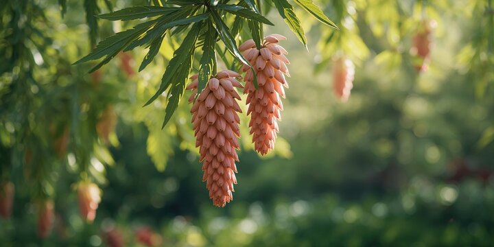 Larch tree seed cones during spring, focusing on reproductive structures in early May
