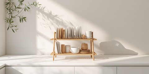Bamboo drying rack in contemporary kitchen designed for efficient dish air drying
