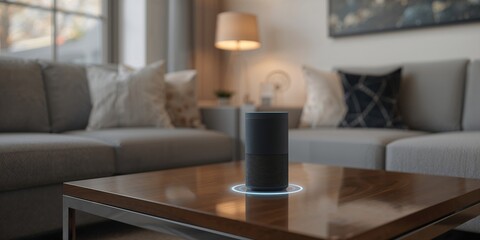 Smart speaker device in a living room setting used for home automation