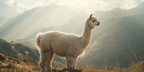 Fototapeta premium Profile of a white alpaca in a rural landscape, highlighting fiber quality and regional environment, World Animal Day