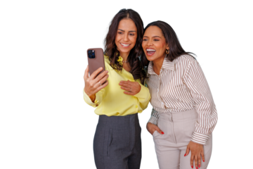 Two happy women friends smiling and laughing, taking a selfie with a smartphone, sharing fun time, transparent background