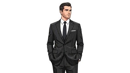 Illustrated man in dark pinstripe suit white shirt and black tie