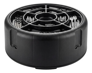 Compact rotating bit organizer for a professional carpentry workspace.