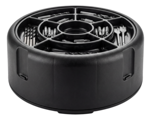 Compact rotating bit organizer for a professional carpentry workspace.