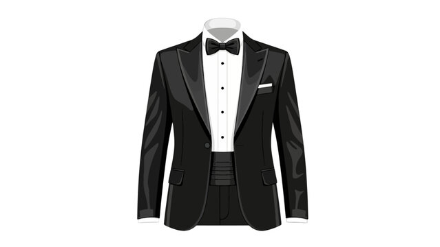 Illustration of a black tuxedo jacket white shirt bow tie and cummerbund