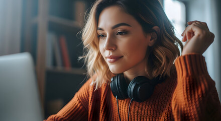 Young woman with headphones sitting in front of a computer looking relaxed and focused in a cozy indoor setting with bookshelf