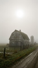 Foggy Landscape with Old Barn and Silhouette in Sunrise Atmosphere