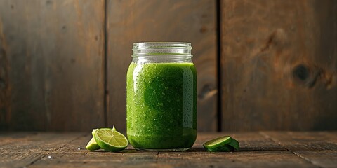 Fresh green smoothie in a glass placed on wood, highlighting natural ingredients for wellness promotion