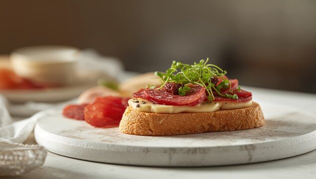 Close-up of a toasted sandwich featuring cream cheese, sliced salami, sausage, and microgreens on a white cutting board, focusing on snack assembly