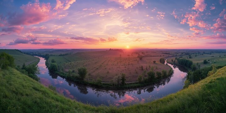 Summer rural scene with lush green hills and a calm blue river under a colorful sunrise sky, ideal for editorial header backgrounds