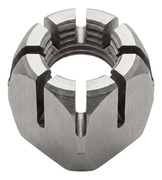 Slotted hex lock nut for secure woodworking jig assembly.