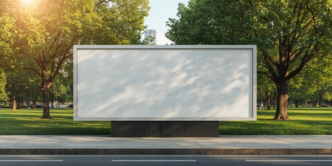 Blank white billboard situated in a park setting, designed for outdoor promotional displays