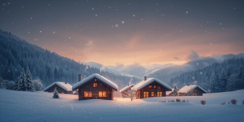Small wooden houses with glowing windows, ideal for creating cozy winter scene backgrounds