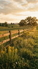 Naklejka premium Serene Sunset Landscape with Wooden Fence and Green Pastures