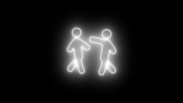 Neon Fighting Stick Figures Icon Glowing  white on Black Background