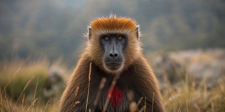 Close-up of an adult Theropithecus gelada in Ethiopia's Simien Mountains, primate behavior and natural habitat