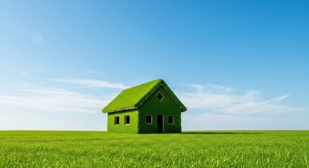 A unique, sustainable dwelling constructed entirely of green grass rests in an expansive sunny meadow under a brilliant blue daytime sky ,unique, clear, housing