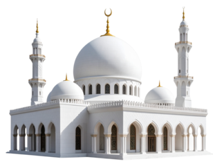 Minimalist White Mosque with Crescent Moon Symbol, Side Perspective, Modern Design, Transparent PNG