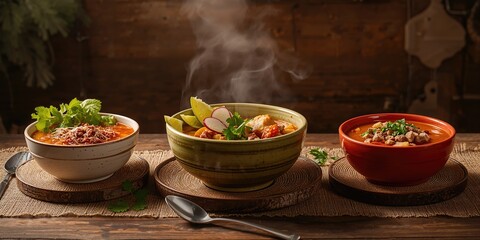 Mexican pozole dishes in green white and red colors showcasing culinary tradition, food and culture