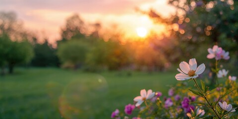 Obraz premium Summer garden scene with flowers and fruits at sunset, seasonal bloom and natural growth, Earth Day