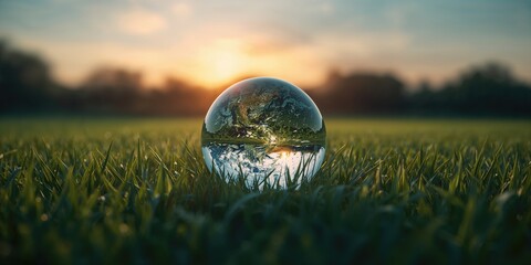 Crystal containing planet Earth in a grassy field during twilight, highlighting environmental awareness
