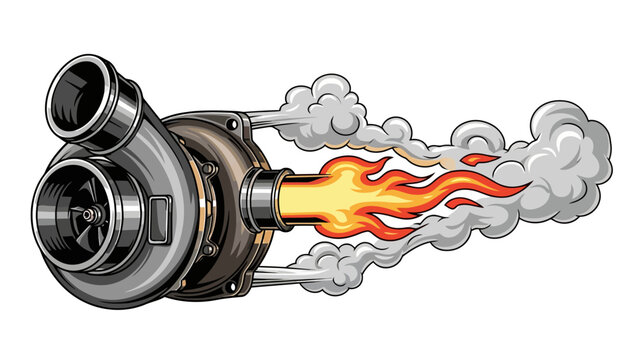 Illustration of a turbocharger expelling bright flame and smoke