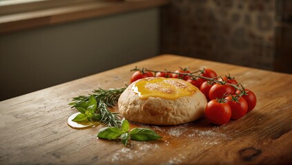 Freshly baked focaccia with tomato slices and herbs, used as a food styling backdrop for culinary displays