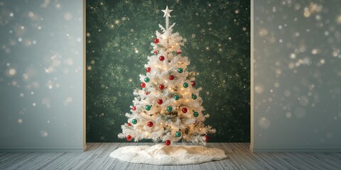 Decorative vintage toy balls draped on spruce branches near a white Christmas tree with artificial snow, festive holiday setting