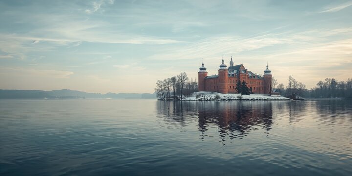 Trakai Castle situated near a water body in winter, focusing on medieval architecture amidst natural surroundings