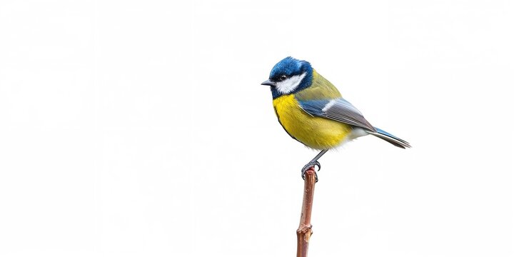 Close-up of a titmouse bird on a white background, focused on its feathers and beak, spring season, birdwatching