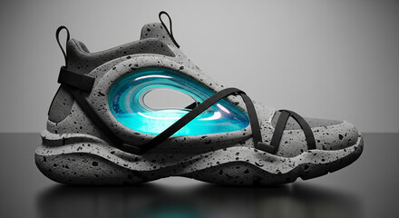 Futuristic sneaker design featuring a porous stone texture and glowing cyan liquid cushioning unit