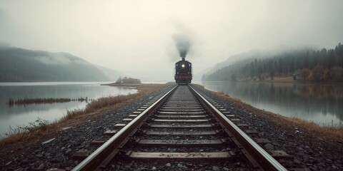 Railway tracks stretching into the rainy horizon, long-distance journey in Greece