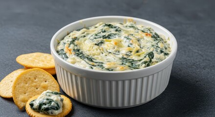 Creamy, savory spinach artichoke dip served hot in a small white bowl, ready for dipping crackers and chips during a casual gathering ,gourmet ,buffet ,hot