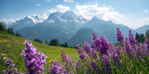 Obraz premium Purple flowers in the Bavarian mountains background, floral display for outdoor scenery and seasonal bloom, Earth Day