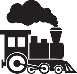 Black silhouette of a classic steam locomotive train engine emitting a large plume of dark smoke from its smokestack © BakerVai