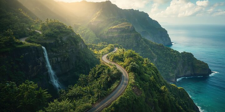 Famous Maui Road to Hana with sharp bends, lush scenery, waterfalls, and coastal cliffs, scenic drive