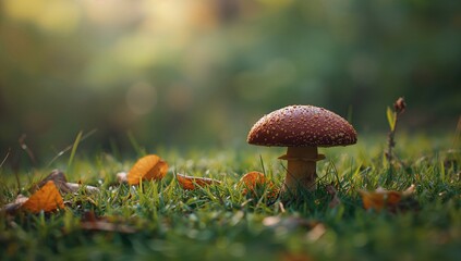 Porcini mushroom Boletus edulis, known as cep or porcino, growing naturally in woodland, highlighting culinary appeal