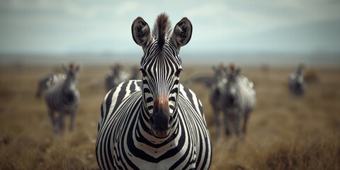 Obraz premium Zebra amid herd with distinctive black and white stripes, focus on animal coloration, wildlife conservation