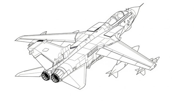 Detailed line art illustration of a panavia tornado fighter jet aircraft with weapons systems