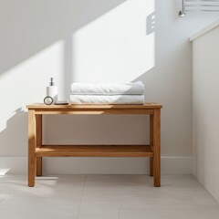Elegant wooden towel storage bench placed in a bright, clean bathroom setting, providing practical utility and sleek contemporary design ,design ,clean ,shelf