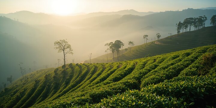 Mist hangs over a mountain tea estate during dawn, highlighting environmental conservation, Earth Day