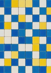 Intricate, colorful ceramic tiles forming a detailed mosaic pattern. Handcrafted style art texture featuring bright blues, yellows, and white ,surface, Mediterranean, geometric