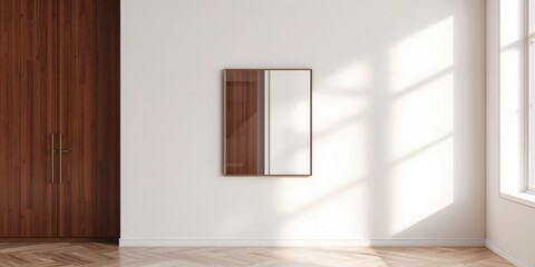 Contemporary square wall mirror adjacent to a wooden closet, designed for space efficiency and daily use