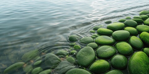 Moss-coated smooth stones lining a lakeside, serving as an environmental backdrop for layout or editorial purposes, Earth Day