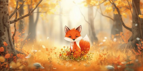 Naklejka premium Cute fox surrounded by autumn foliage in a forest setting, highlighting seasonal wildlife behavior