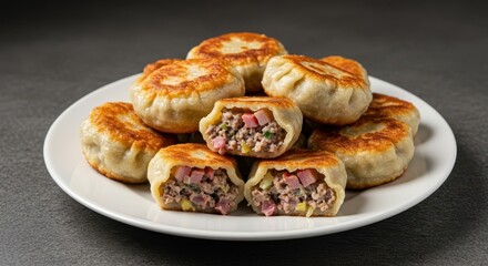 Plate piled high with pan-fried homemade dumplings, golden brown exterior revealing a rich filling of smoky bacon, onion, and ground meat ,meat ,food ,filling