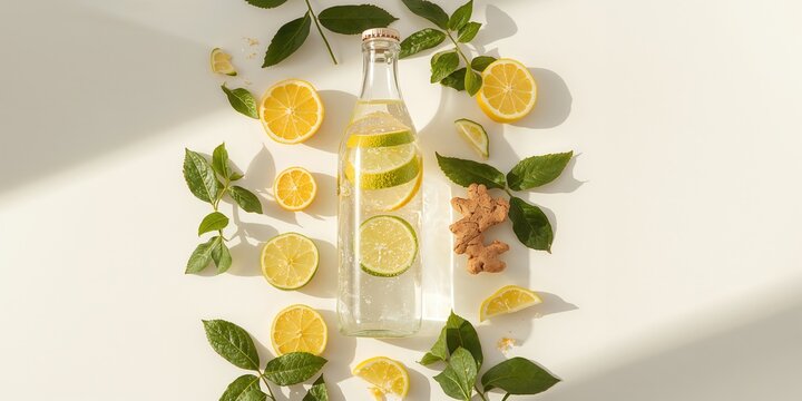 Lemon water with lime in bottle, fresh fruits, green leaves and ginger on white table, highlighting healthy hydration and fresh produce, World Health Day