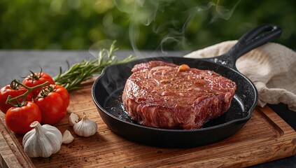 Prime ribeye steak with marbling being cooked on an outdoor iron skillet, highlighting grilling technique, National BBQ Month